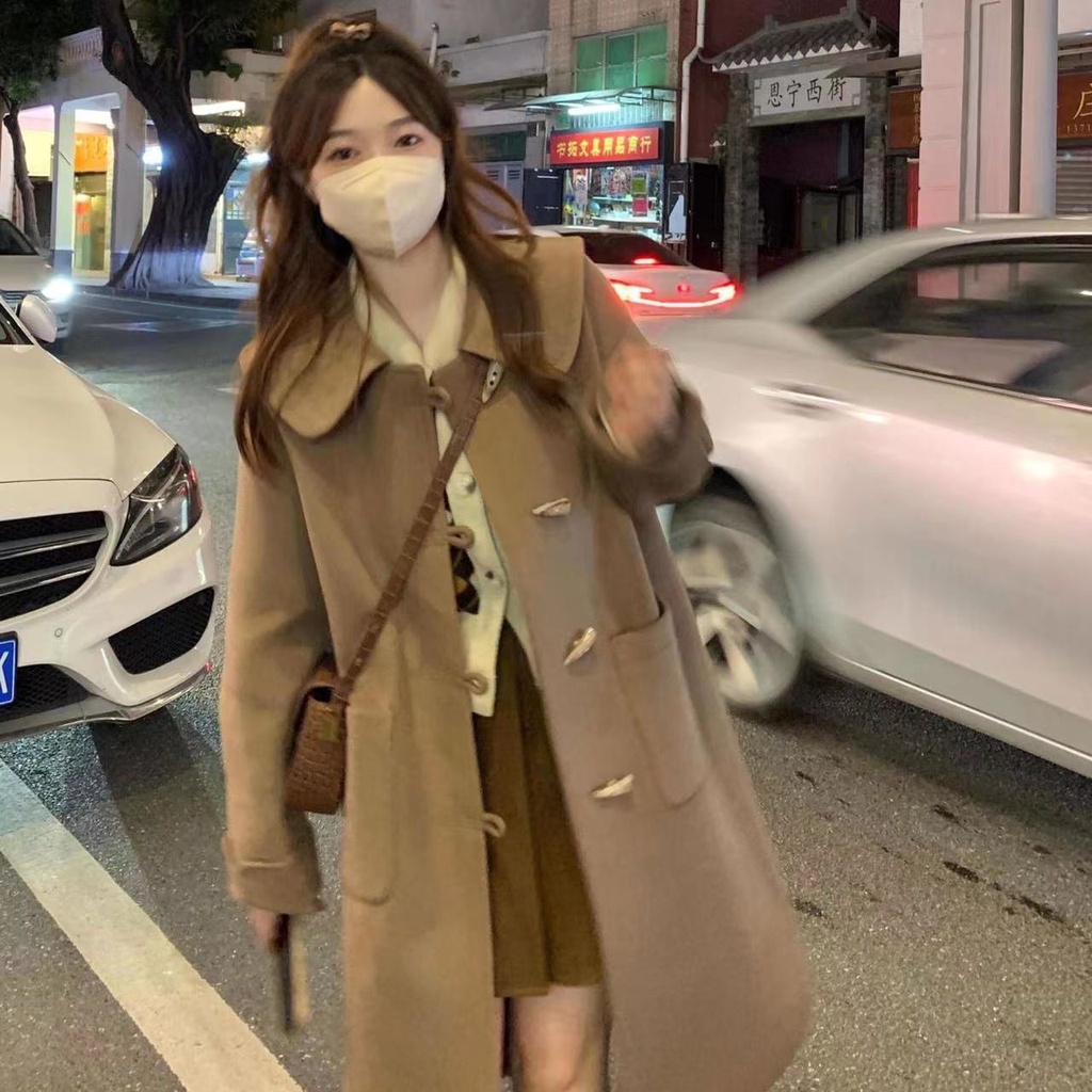 Áo Khoác Len Dáng Dài Cổ Búp Bê Cài Nút Kiểu Hàn Quốc Thời Trang Thu Đông 2022 Mới