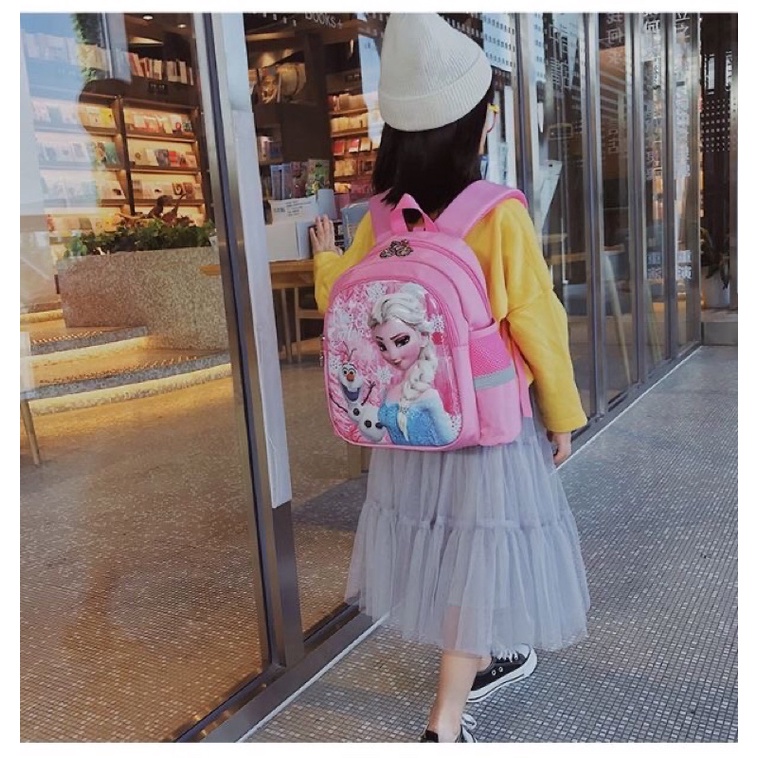 Balo cặp mầm non, mẫu giáo hình Elsa hồng mặt nổi 3D