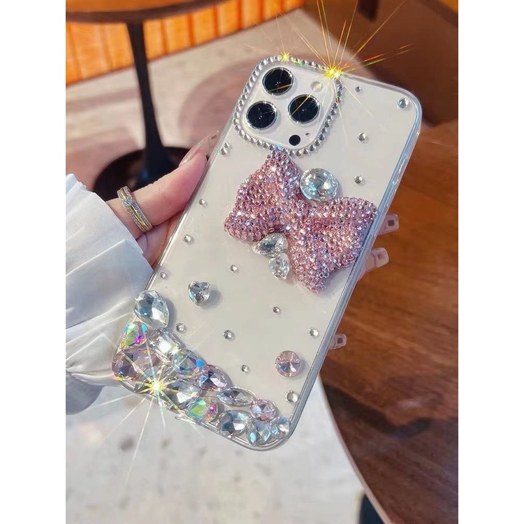 Ốp Điện Thoại Màu Đỏ Đính Đá Hình Nơ Cho iPhone 14  Pro max 13 12 11 XR XS Max 7 8 Plus