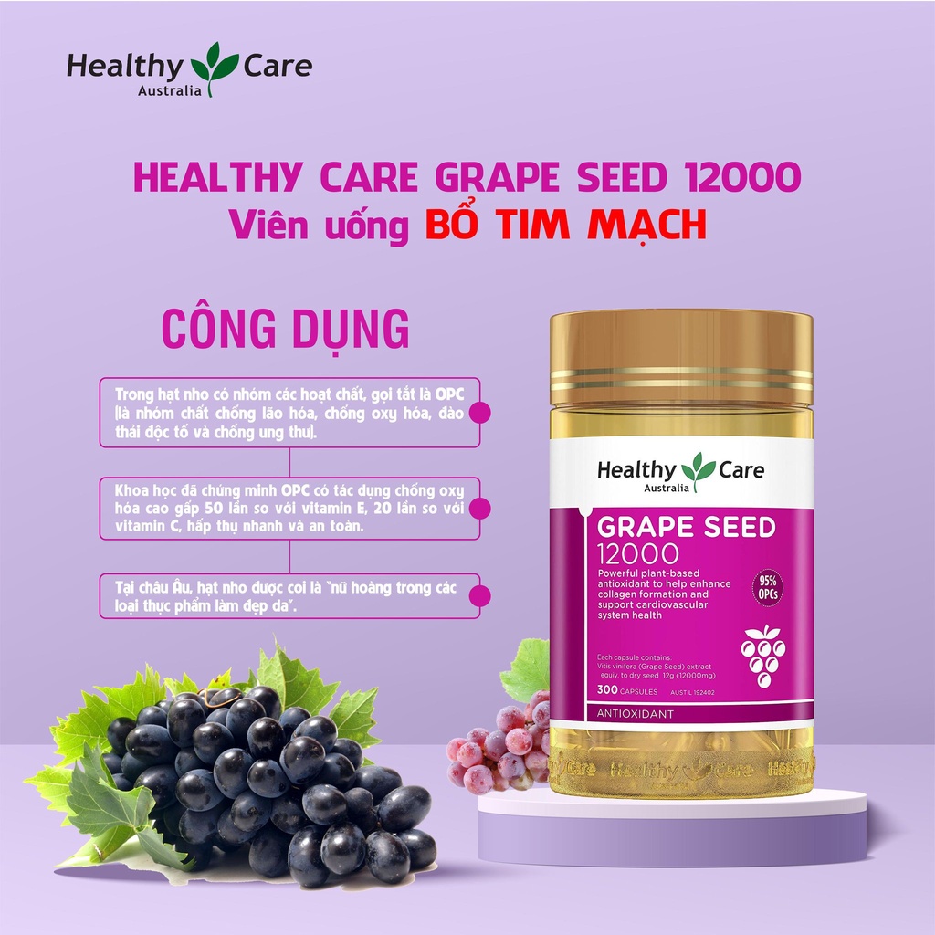 Viên uống tinh chất nho Healthy Care Grape Seed 12000mg giúp lưu thông máu 300 viên