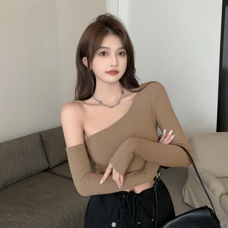 Áo Thun Croptop Lệch Vai Tay Dài Màu Trơn Thời Trang Đường Phố Cho Nữ