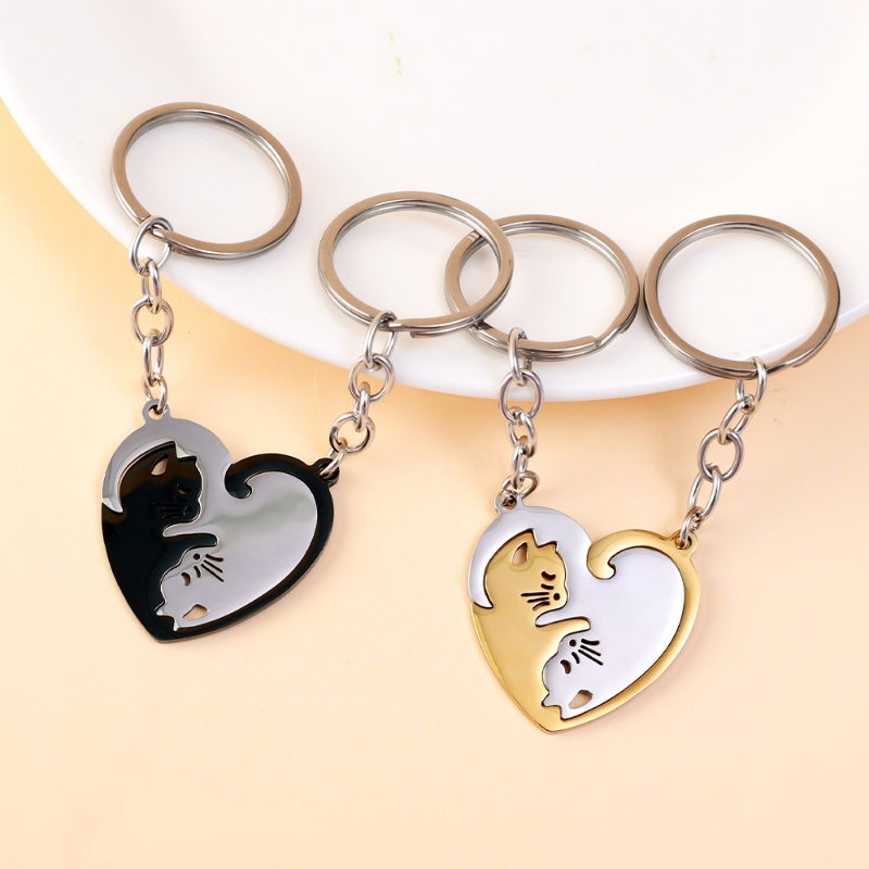 Set 2 Móc Khóa Đôi Hình Mèo Bằng Thép Không Gỉ