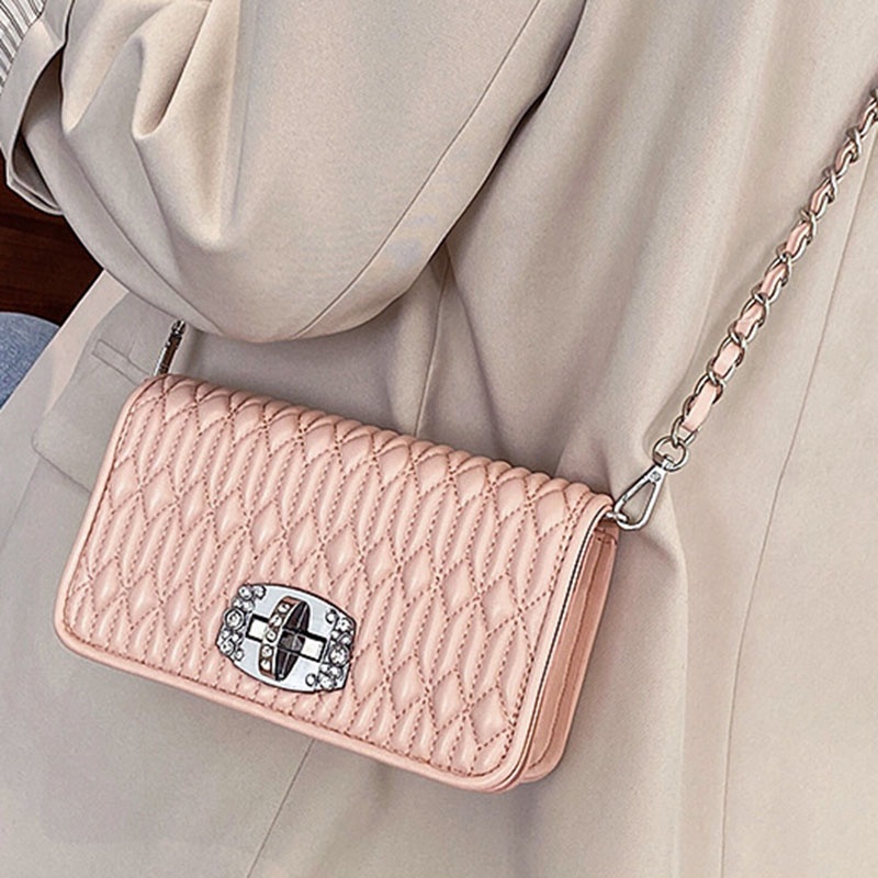 Túi đeo chéo IELGY hình vuông nhỏ đính đá phối dây đeo sợi xích kiểu Pháp thời trang cho nữ