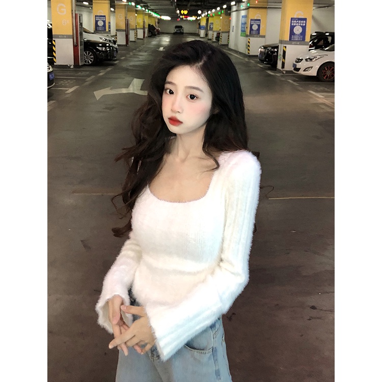 QADCOL Áo sweater Croptop Giả Lông Chồn Cổ Vuông Thời Trang Mùa Thu Cho Nữ