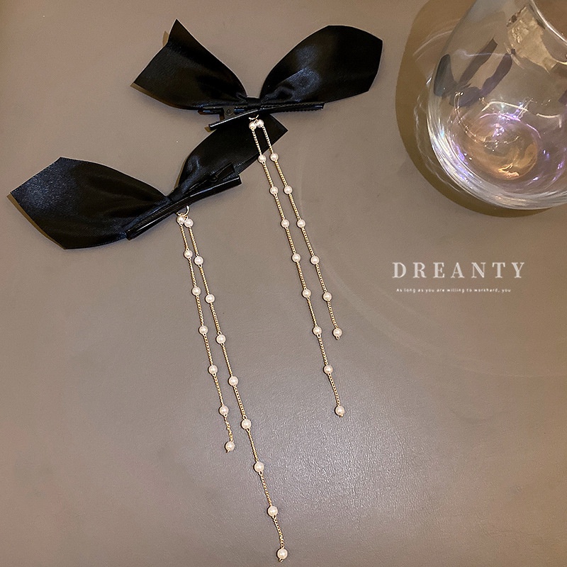 Kẹp Tóc Mỏ Vịt Đính Nơ Dài Và Ngọc Trai Bằng Vải Nỉ Đơn Giản Độc Đáo Phong Cách Hàn Quốc