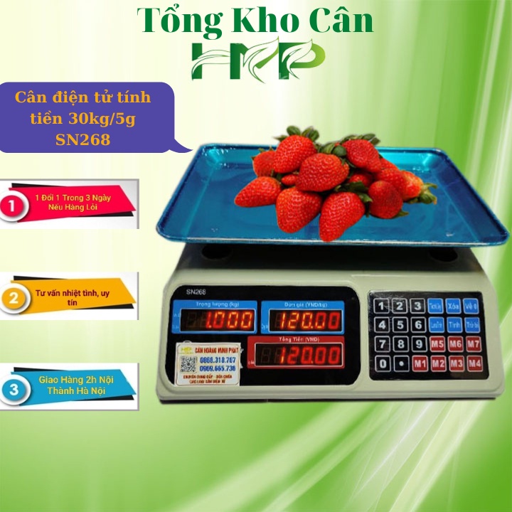 Cân điện tử 30kg Ninda SN268, cân tính giá hoa quả thực phẩm sử dụng cho chuỗi siêu thị, cửa hàng trái cây, rau quả