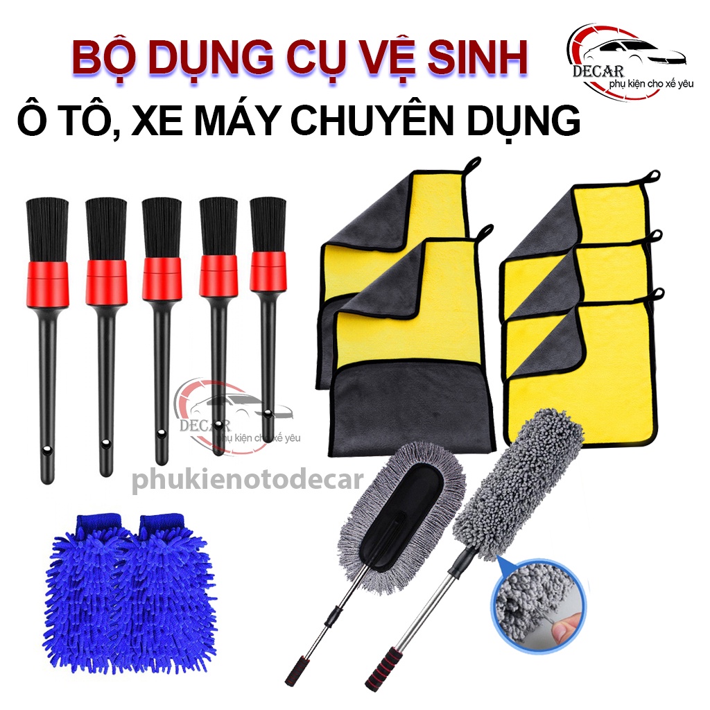 Bộ dụng cụ rửa xe máy, ô tô bộ đồ vệ sinh rửa xe hơi oto khăn lau 3m, cây chổi cọ chổi lau bụi, bao găng tay