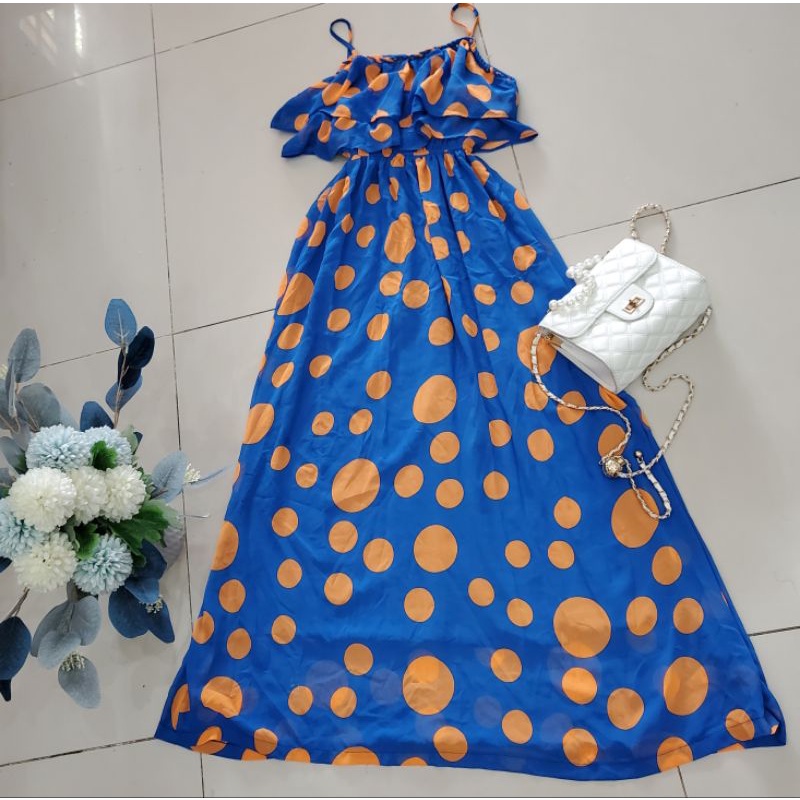 ĐẦM MAXI XANH CHẤM BI HAI DÂY (VẢI VOAN, MỊN, MÁT), Bầu Bí mặc thoải mái
