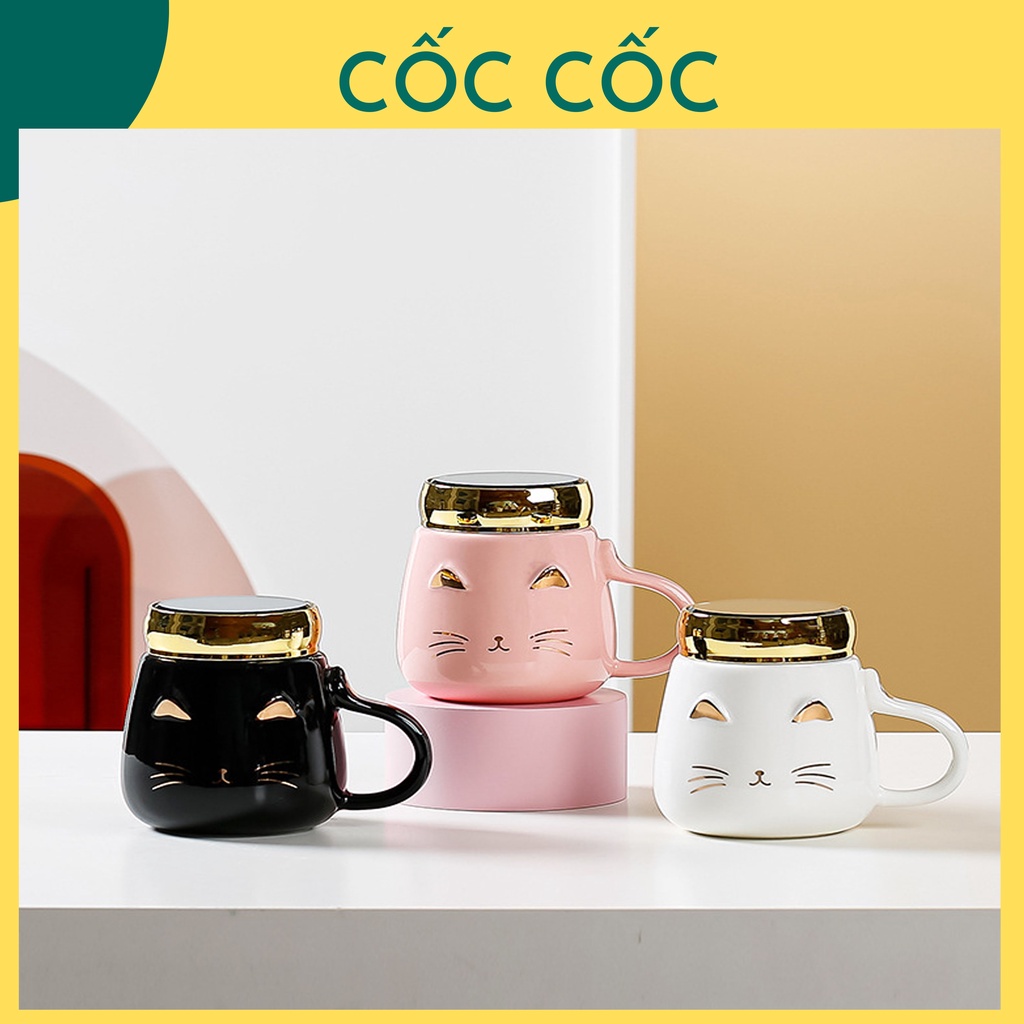 Cốc sứ mặt mèo nắp ren xoáy, chống đổ, tràn, mang đi tiện lợi dung tích 500ml đựng trà, cafe, nước uống, quà tặng
