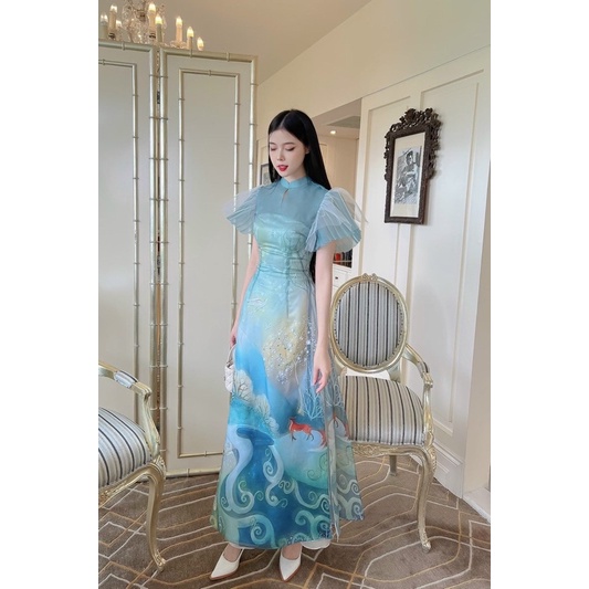 Áo dài cách tân tiểu thư tay xoè dập ly 2 màu hồng và xanh cực xinh tà dài 125 diện Tết siêu xinh và nổi bật