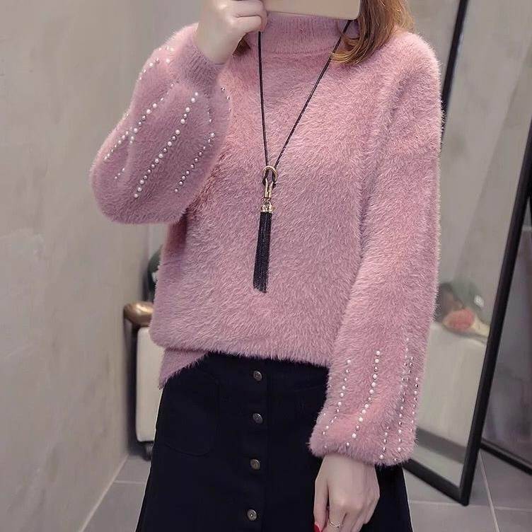 Áo Sweater Lông Chồn Dáng Rộng Tay Phồng Dày Màu Trơn Đính Hạt Thời Trang Thu Đông Hàn Quốc Cho Nữ