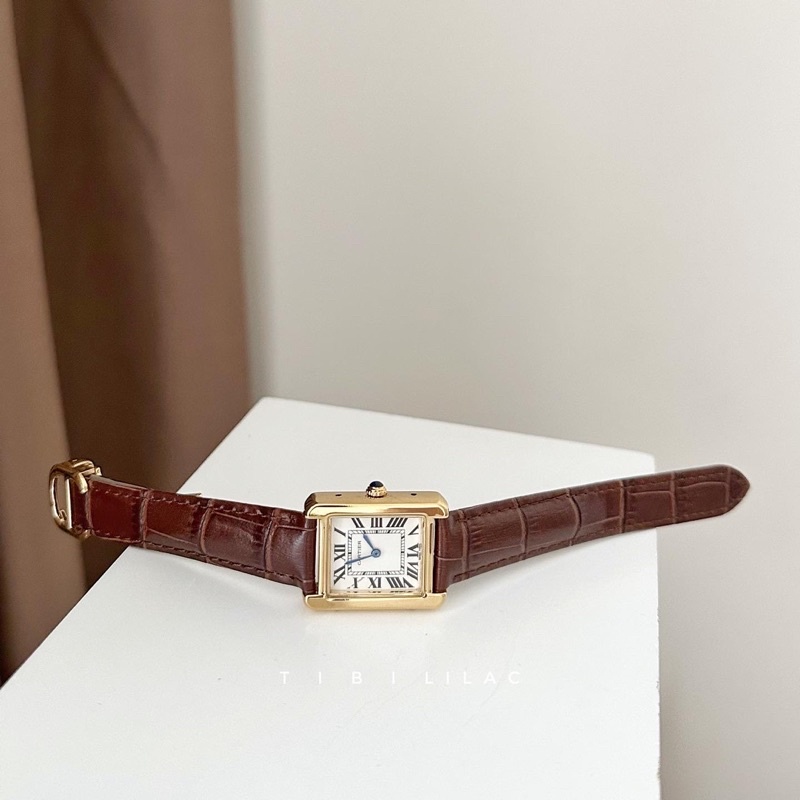 Đồng hồ dây da nam nữ CTr tank 20x23mm và 26x32mm mặt chữ nhật dây nâu viền vàng cổ điển