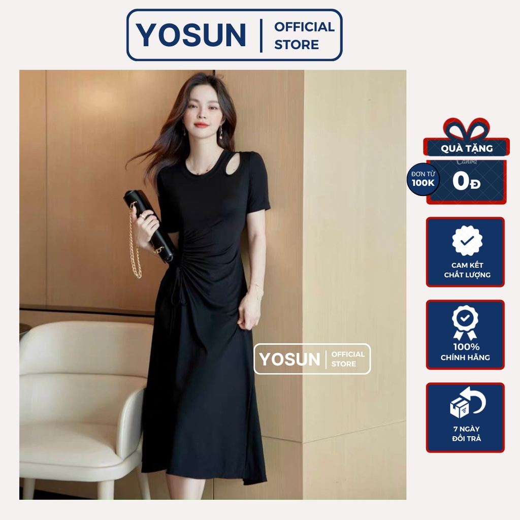 Đầm Nữ Cổ Tròn Khoét Vai Rút Eo Cột Dây Tay Ngắn Quyến Rũ, Đầm Nữ Form Dài Dáng Xòe Màu Đen