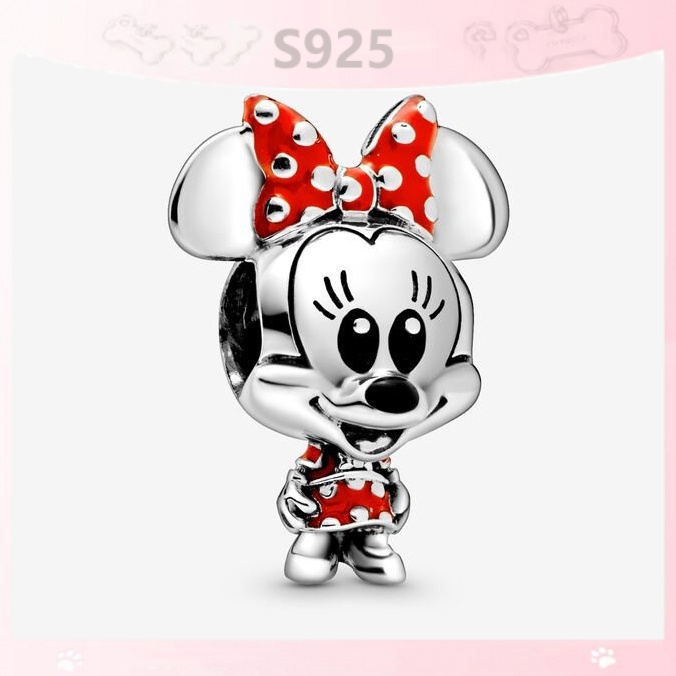 DISNEY Nhẫn Bạc 925 Hình Chuột Minnie Mặc Đầm Chấm Bi Đính Nơ Xinh Xắn