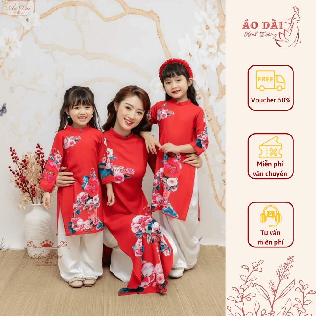 Áo dài nữ cách tân dành cho mẹ và bé in hoa màu đỏ cao cấp