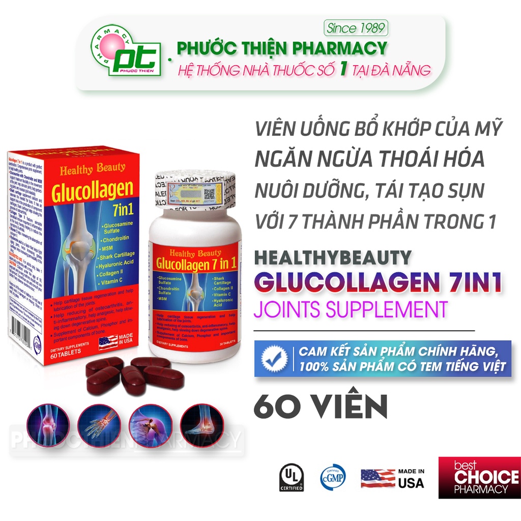 Viên uống bổ xương khớp GLUCOLLAGEN 7IN1 Healthy Beauty 60 Viên - tái tạo chất nhờn sụn khớp, hỗ trợ thoái hóa khớp gối