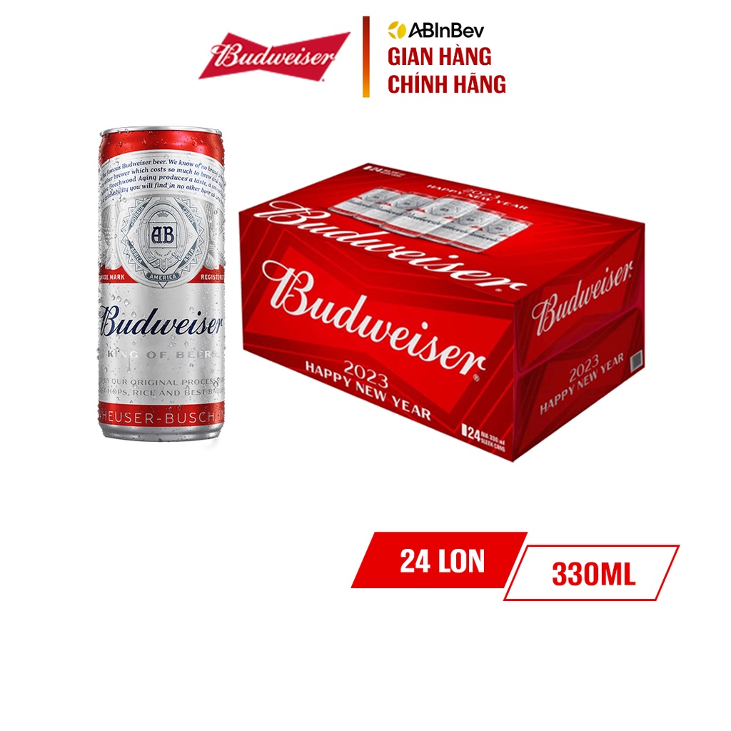 Thùng 24 Lon Bia Budweiser Sleek Can Chính Hãng (330ml/ lon) - Phiên Bản TẾT 2023