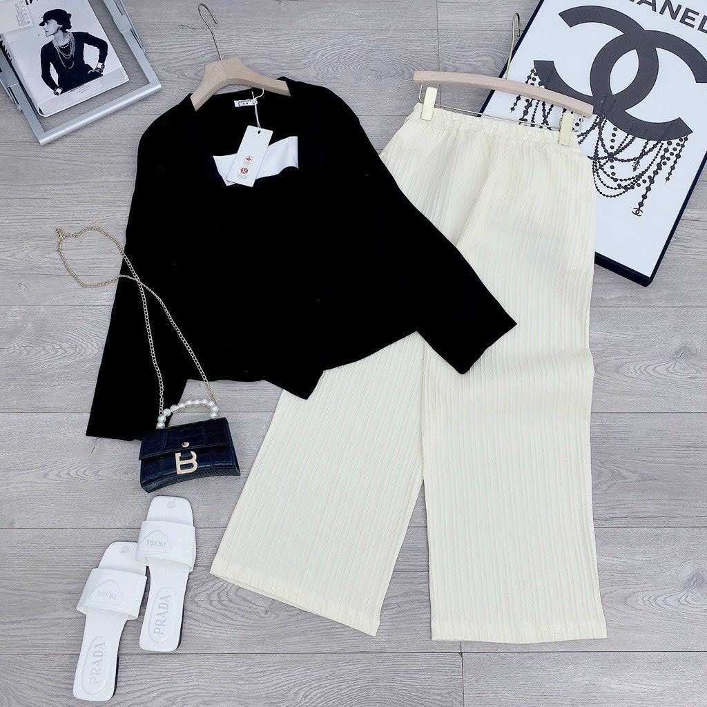 [12/12 Sale Freeship] Set bộ ba món thời trang nữ,set bộ áo hai dây đuôi chéo kèm áo khoác dài tay mix quần dài mtb