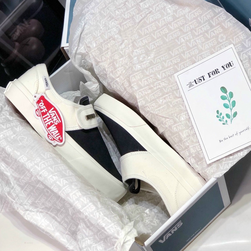 Giày Vans Xỏ Da Dán Đen Trắng Vault Slip On Black White