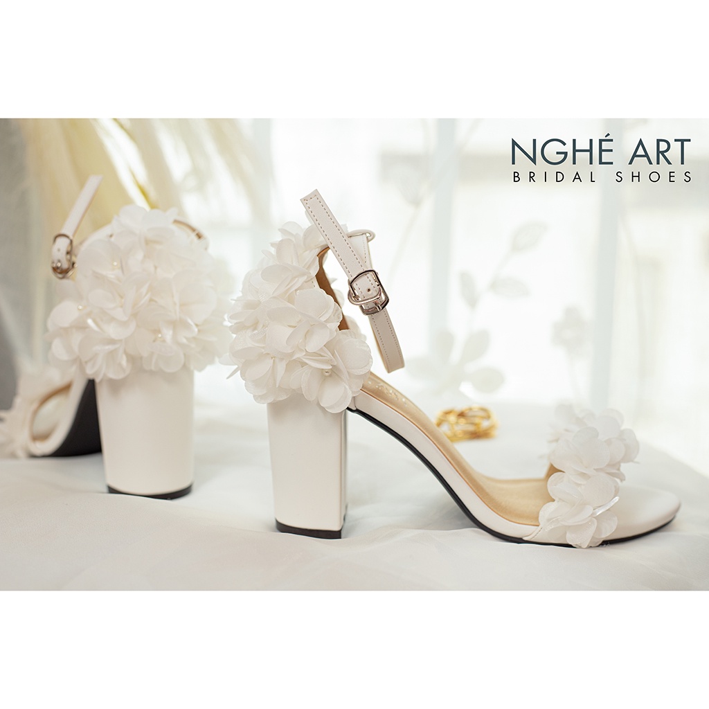 Giày cưới Nghé Art sandal trắng hoa voan 193