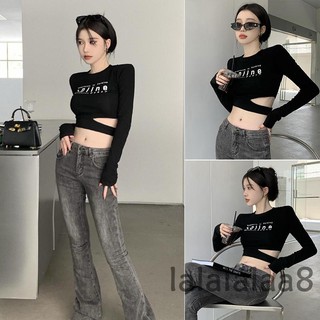 Laa8-áo Crop top cổ tròn dành cho nữ, Áo thun dài tay in chữ bên hông Slim Fit