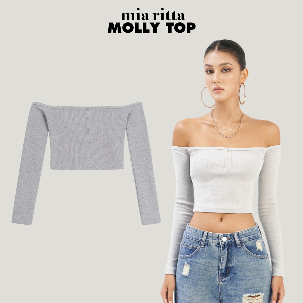 Áo thun Molly Top Mia Ritta A2138 áo croptop dài tay trễ vai len gân