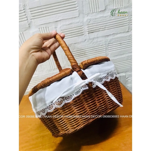 Giỏ mây có nắp đi picnic, đựng đồ; Giỏ mây tre; Giỏ mây decor