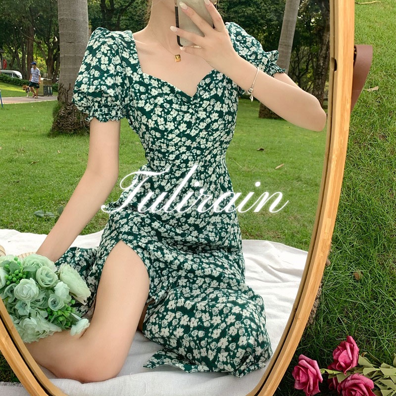 Tulirain Mới Đầm Hoa Xẻ Tà Nhẹ Nhàng Nhỏ Có Thể Ngọt Ngào Hợp Xu Hướng