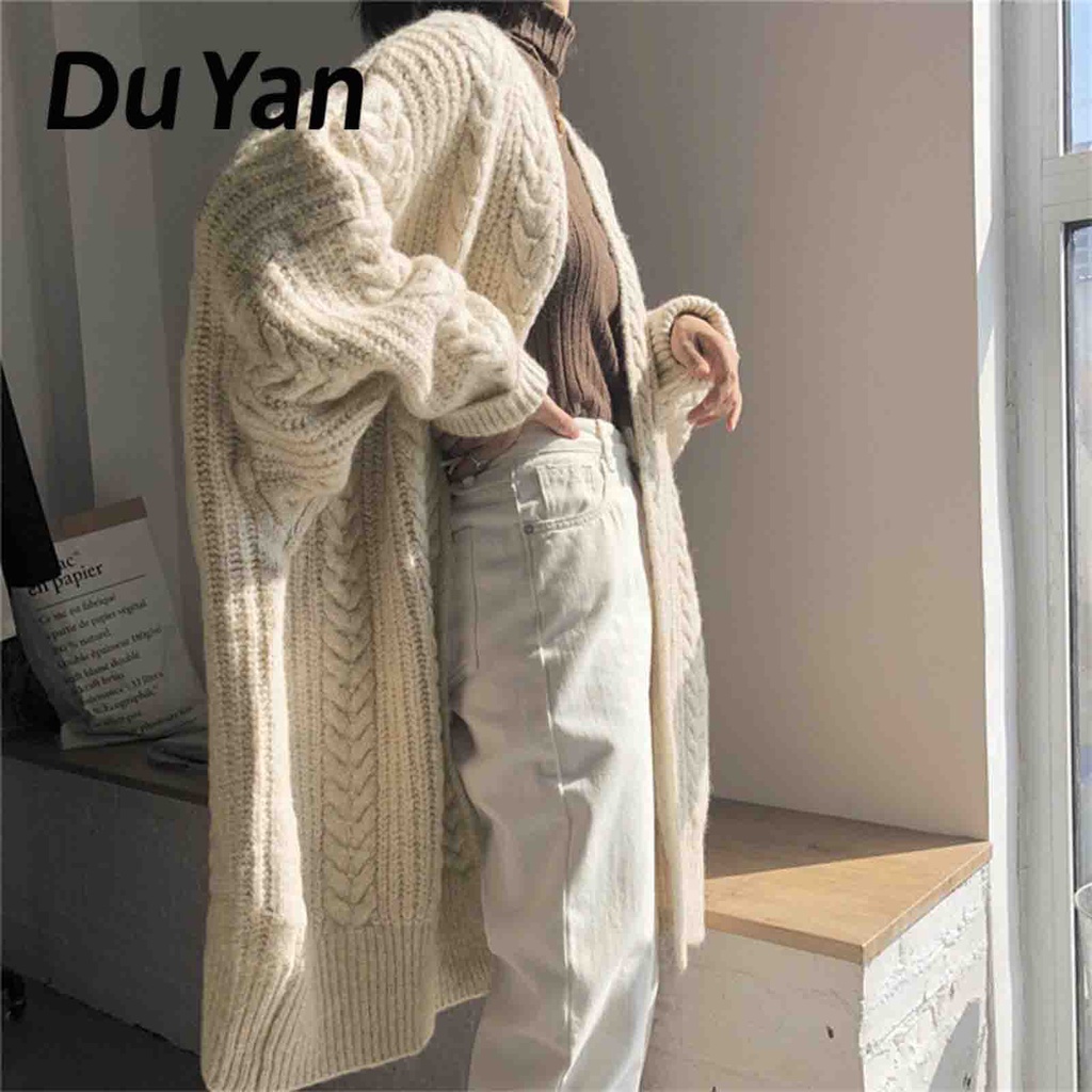 Áo Khoác cardigan Dệt Kim Dày Dáng Dài Rộng Thời Trang vintage Cho Nữ