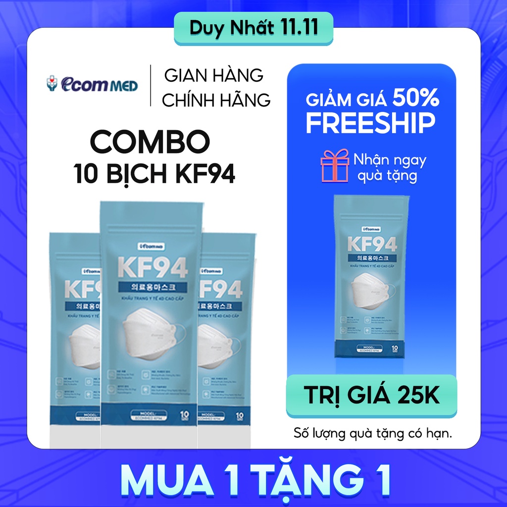 Thùng 100 Khẩu Trang KF94 EcomMed màu Xám & Đen (Bịch 10 cái) Thông Thoáng Không Đau Tai - Đạt chuẩn FDA
