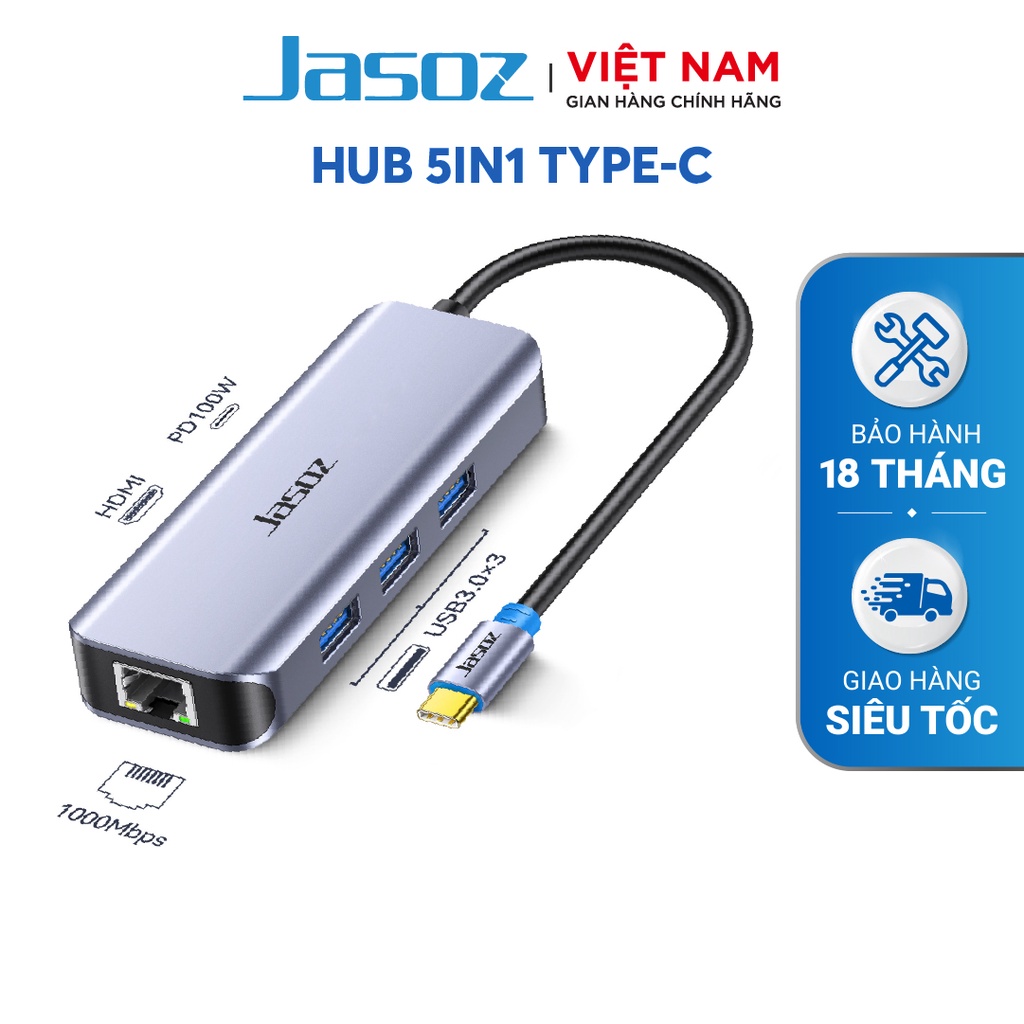HUB Chuyển Đổi 6in1 trong cổng Type-C ra 3 USB 3.0 + HDMI + PD100W + Gigabit RJ45 JASOZ H111