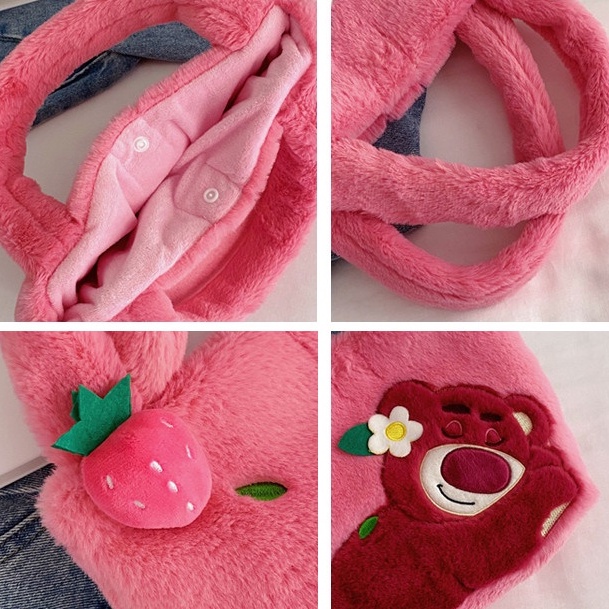 Túi xách gấu dâu đáng yêu cho nữ, Túi lông gấu Lotso hồng mặt ngầu kích thước lớn _ TingTing