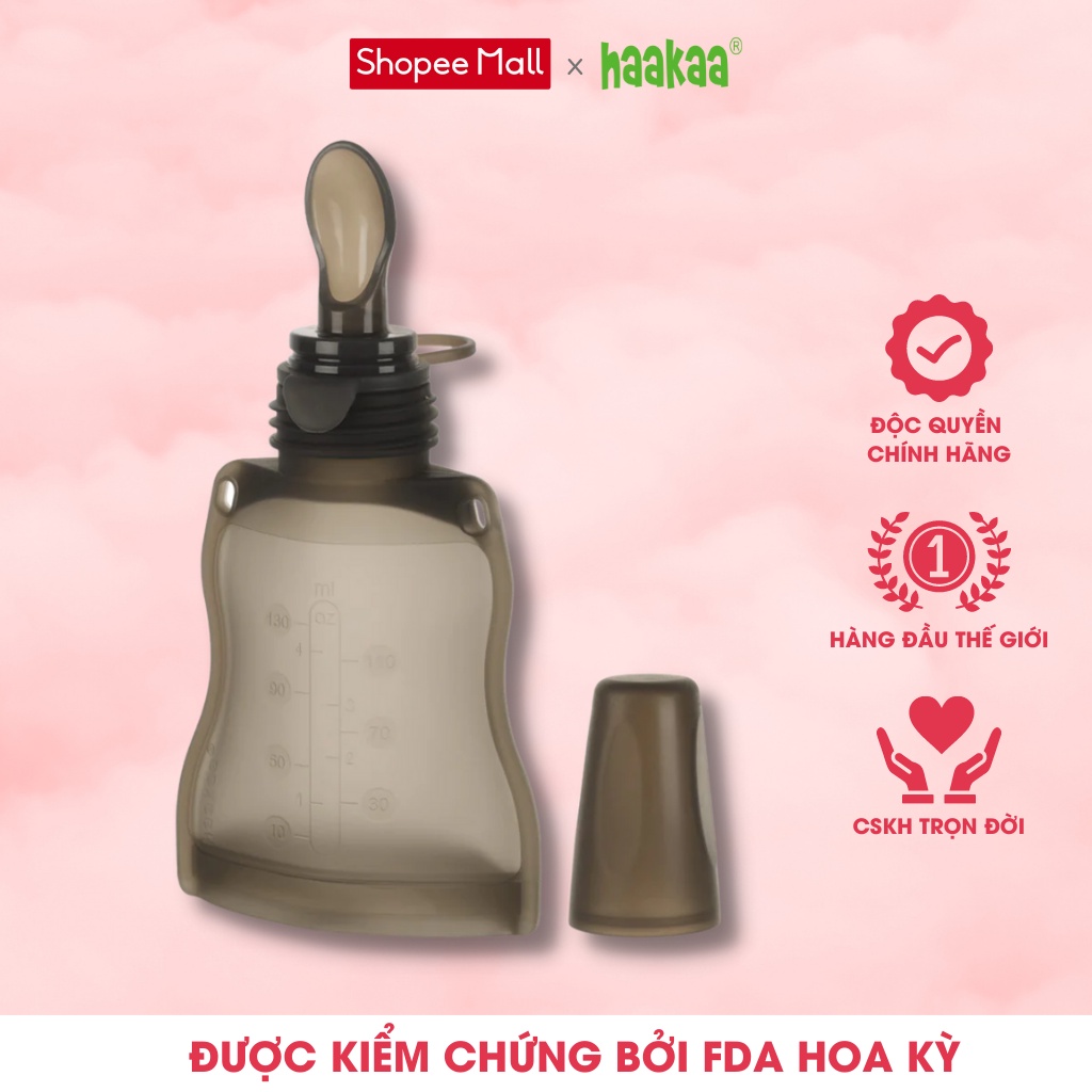 Túi trữ silicone có muỗng cho bé ăn dặm Haakaa. Dung tích 130m. Không chứa BPA, PVC và phthalate