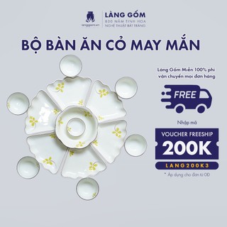 Bộ bát đĩa hoa mặt trời men trắng vẽ họa tiết vẽ tay, gốm sứ Bát Tràng cao cấp - LÀNG GỐM