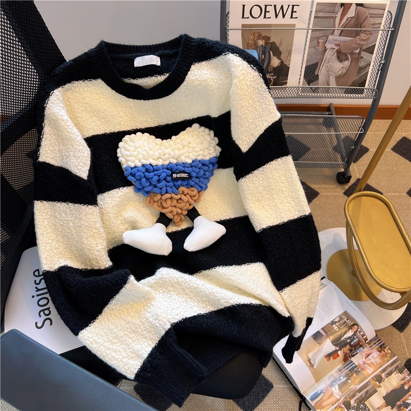 Áo sweater Dệt Kim Dáng Rộng Họa Tiết Kẻ Sọc Màu Sắc Nổi Bật Phong Cách retro Mùa Thu