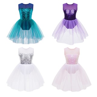 Trẻ em bé gái khiêu vũ leotard đầm cổ tròn không tay sáng bóng kim sa lấp lánh đính đá bodice mở lưng lưới đầm khiêu vũ