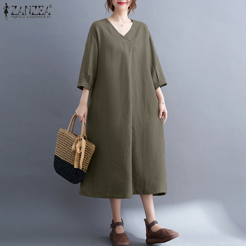 Đầm dài ZANZEA tay lửng cổ chữ V có túi thời trang cho nữ