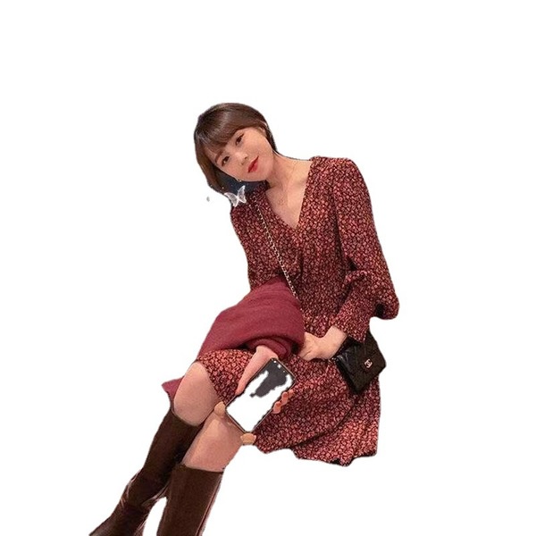 Váy hoa nhí dài tay thon eo xòe tầng xếp ly điệu đà style Hàn Quốc mùa thu