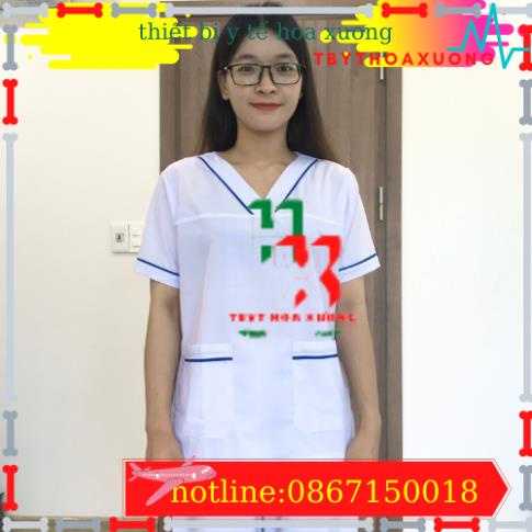Bộ blouse cổ tim viền XANH DƯƠNG nam nữ cộc tay - bộ scrubs kỹ thuật viên cho điều dưỡng, dược sỹ, y tá, bác sĩ
