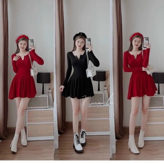 đầm thun gân thời thượng dài tay dáng xòe - đầm thun gân ôm tôn dáng xinh đính nút min