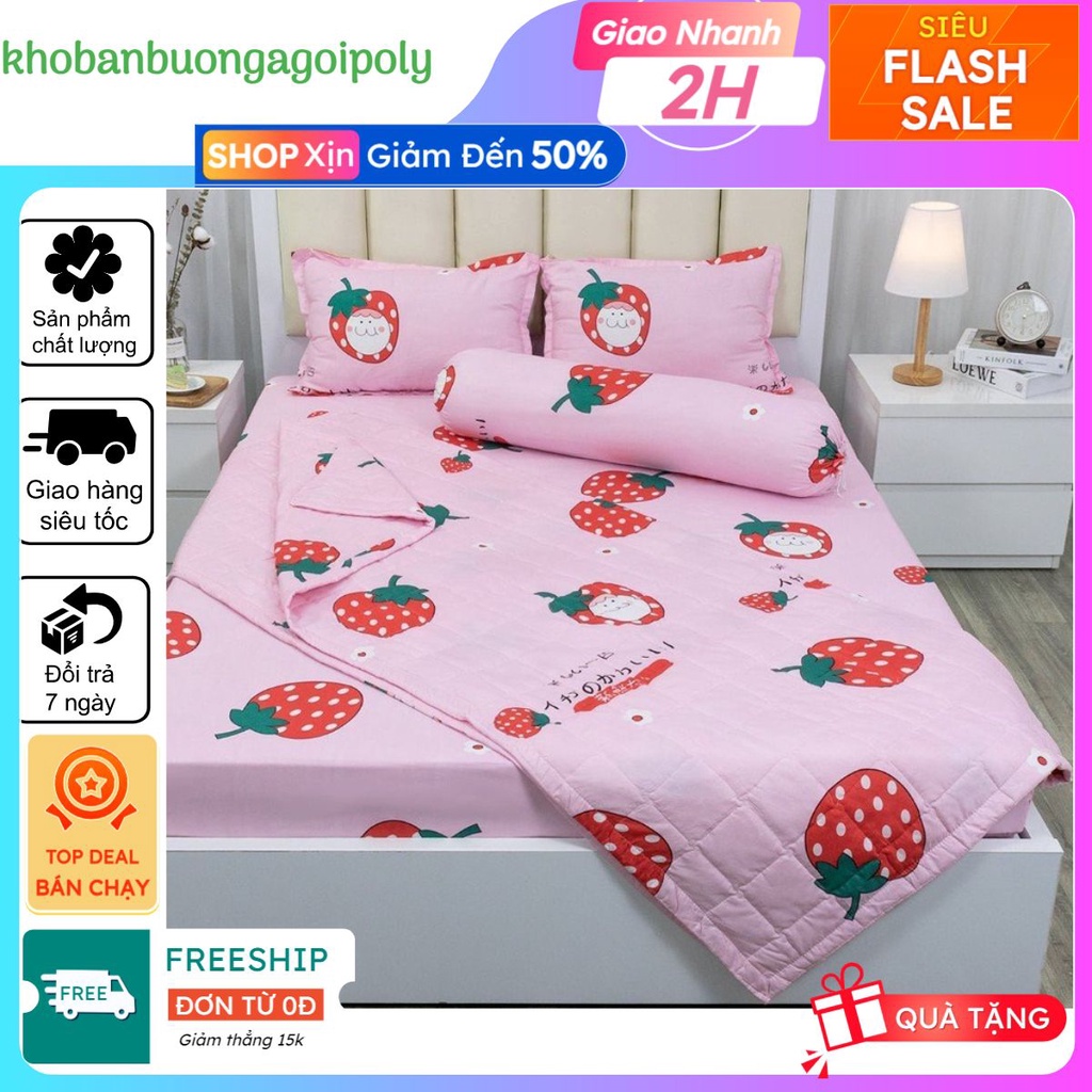 Bộ ga gối m2/m4/m5 drap giường poly gồm 1 ga trải giường và 2 vỏ gối nằm, mẫu dâu nhật
