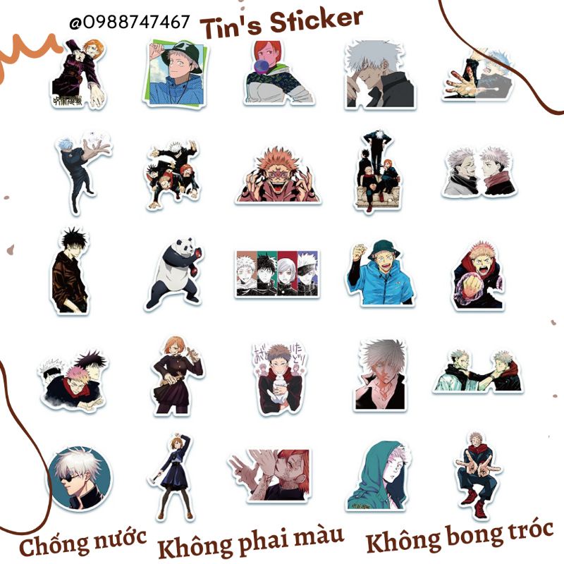 Set combo 50 miếng dán sticker Hoạt hình anime Chú Thuật Hồi Chiến Jujutsu Kaisen chống thấm nước dán nón mũ bảo hiểm