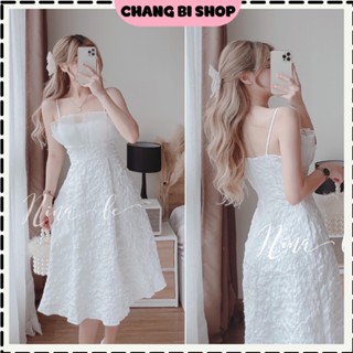 Đầm gấm - Váy gấm 2 dây vol bèo ngực họa tiết nổi cực sang chảnh để dự tiệc phong cách Hàn Quốc Chang Bi Shop
