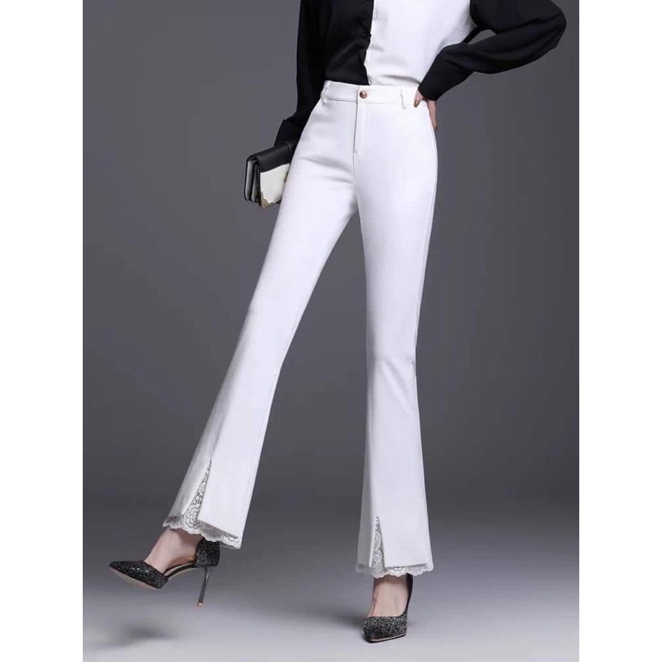 Quần loe nữ xẻ gấu phối ren chất vải thun xốp Hàn dày dặn co giãn 4 chiều có bigsize đến 85Kg mã 789