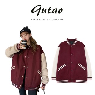 Áo khoác bomber jacket varsity nam nữ màu đỏ đô,chất liệu nỉ bông -  GUTAO