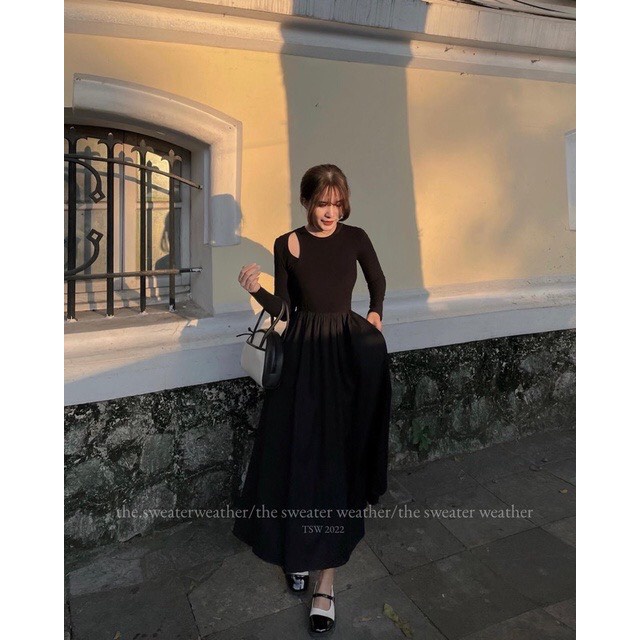 Váy dài khoét vai dáng xòe phần trên ôm body phần váy chất vải thô mềm dài tay style hàn quốc 1SIZESHOP