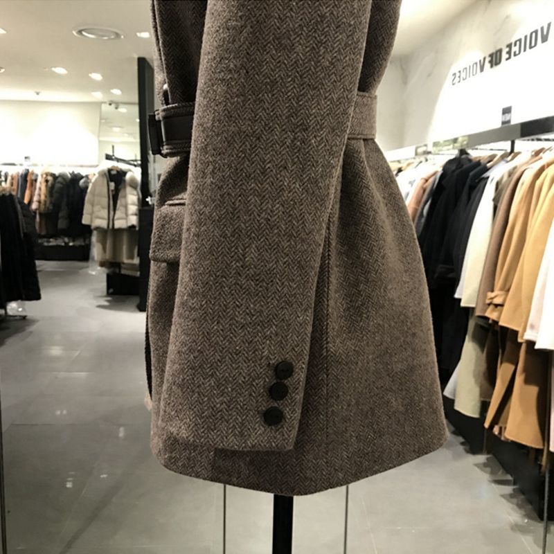 Áo Khoác Blazer Len Eo Cao Buộc Dây Họa Tiết Xương Cá Phong Cách Hàn Quốc Thời Trang Thu Đông 2022 Mới