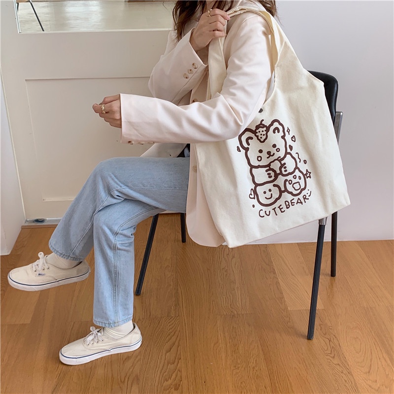 Túi Xách canvas Cỡ Lớn In Họa Tiết Hoạt Hình Chú Gấu Dễ Thương Phong Cách Nhật Bản Cho Nữ