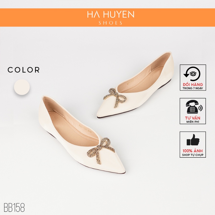 Giày búp bê nữ Hà Huyền Shoes Mei nhung lì mũi nhọn nơ thắt đá bé - BB158