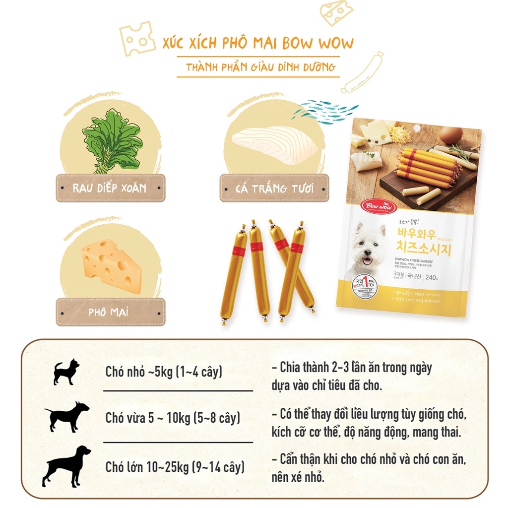 BOWWOW Xúc xích phô mai cho chó 240gr - Petemo Pet Shop
